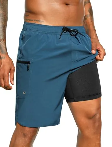 SILKWORLD Men's 9" Swim Trunks w/ Compression Liner & Zipper Pockets