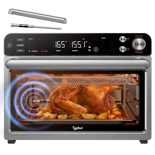 Typhur Sync Air Fryer Oven with Wireless Meat Thermometer Probe, AI Recipes | 12‑in‑1 Countertop Air Fryer Toaster Oven Combo, 360° Turbo Convection, Smart App Control, Home & Commercial, Stainless Steel