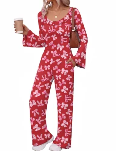 Ekouaer Women's 2 Piece Lounge Sets Bell Long Sleeve Pajamas Outfits