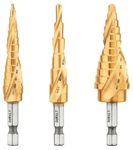 DEWALT Step Drill Bit Set 3 Piece, Titanium Nitride Coated, 31 Hole Sizes, 1/8 in to 7/8 in