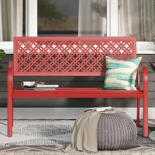 Roselynne Outdoor Steel Garden Bench in Red