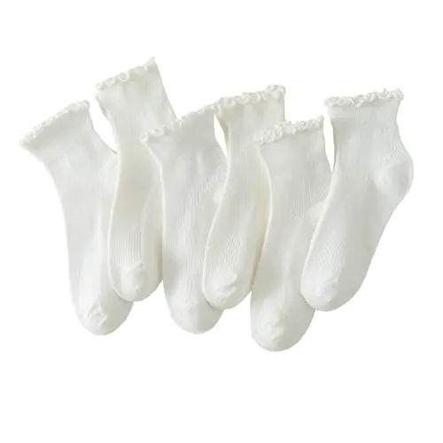 Hstyle Women's Ruffle Ankle Socks 6-Pack (White)