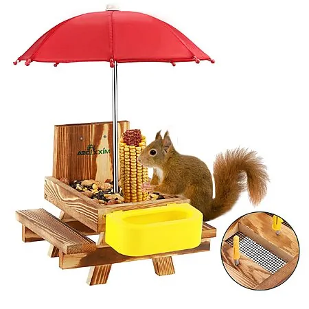 MIXXIDEA Wooden Squirrel Picnic Table Feeder w/ Corn Holder, Water Bowl & Umbrella