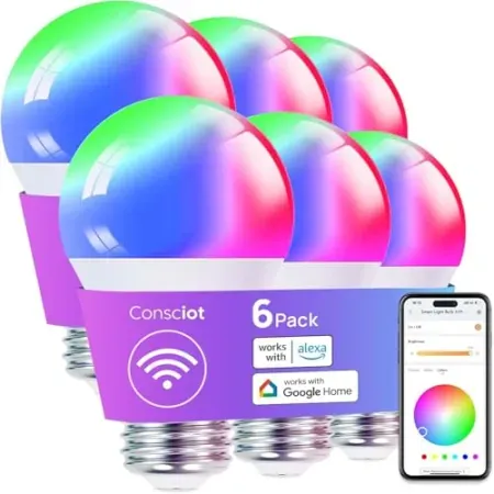 6-Pack Consciot A19 Smart RGB Dimmable Light Bulbs