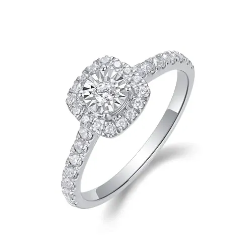 Sterling Silver Halo Lab Grown Diamond Engagement Ring, Pave Band
