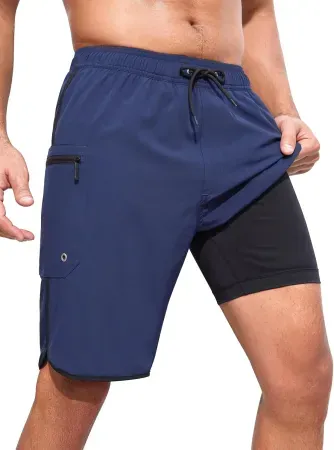 SILKWORLD Men's 9" Swim Trunks w/ Compression Liner & Zipper Pockets
