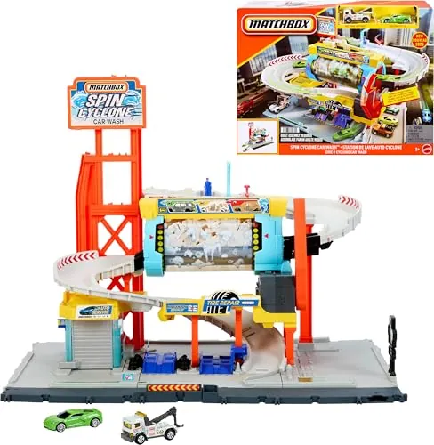 Matchbox Spin Cyclone Car Wash Playset w/ 1:64 Scale Corvette & Tow Truck