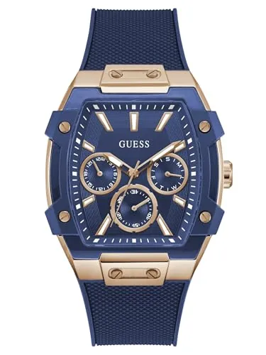 GUESS Rose Gold-Tone and Blue Silicone Multifunction Watch