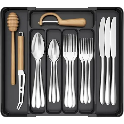 Lifewit Expandable Silverware Organizer for Drawer (Medium Slim, 8.1-13.9''W x 11.3''D, Black)