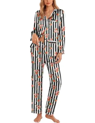 Ekouaer 2 Piece Long Silk Pajama Sets