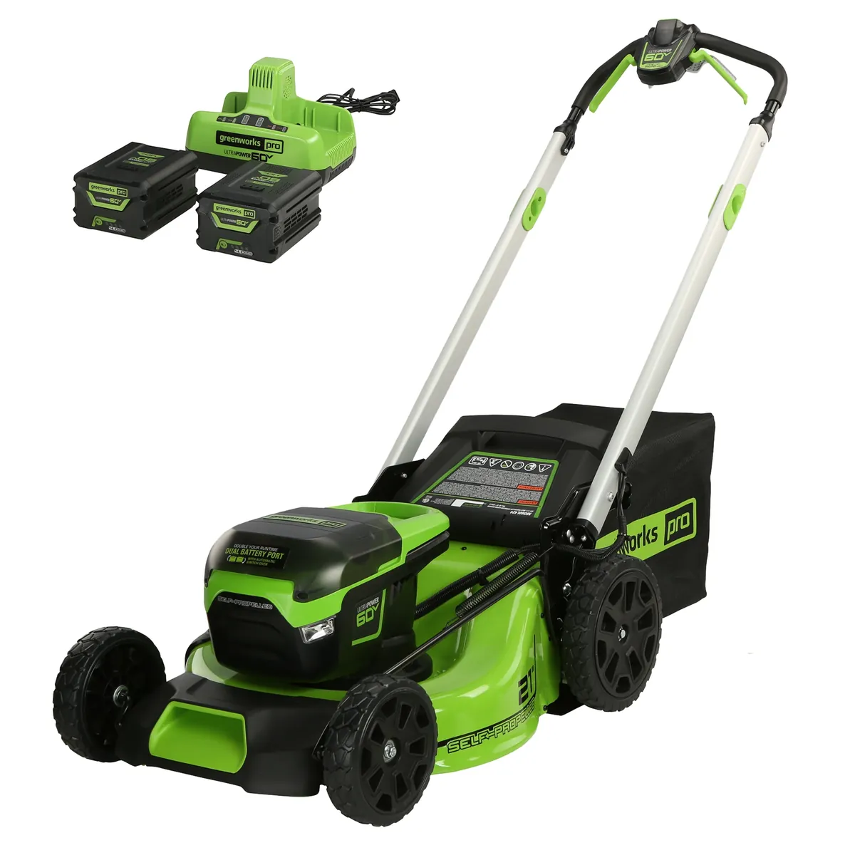 Greenworks 60V 21" Cordless Battery Self-Propelled Lawn Mower w/ Two 4.0Ah Batteries & Dual Port Charger