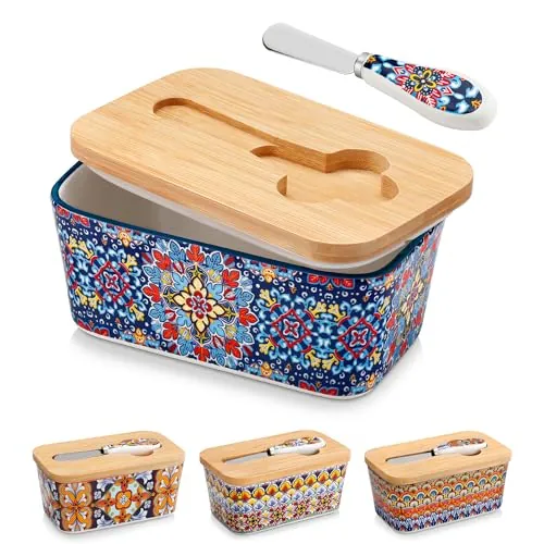 Vancasso 6.5" Ceramic Butter Dish w/ Bamboo Lid & Butter Knife
