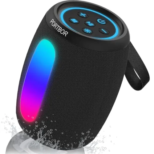PORTBOR Portable Bluetooth 5.3 Wireless Speaker w/ IPX5 Waterproof & LED Light Modes
