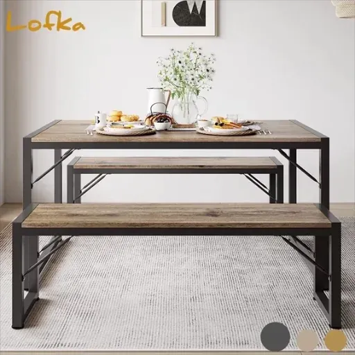 Lofka 3-Piece Breakfast Nook Dining Table Set for 4 with Two Benches Gray Board