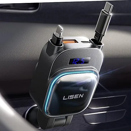 LISEN 4-in-1 Up to 96W Car Charger w/ Retractable USB-C + L Cable