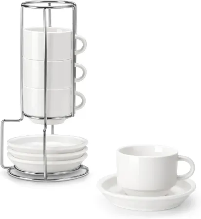 4-Pack 2.5oz Porcelain Espresso Cups Set with Saucers & Stand