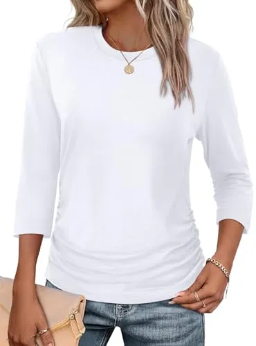 WIHOLL 3/4 Length Sleeve Crewneck Ruched Shirts