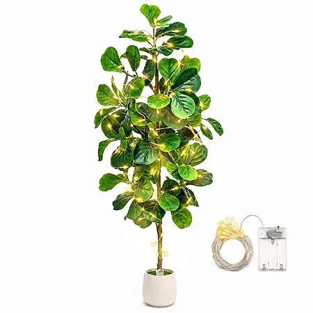 5' Artificial Fiddle Leaf Fig Tree w/ White Planter & 20 LED String Lights