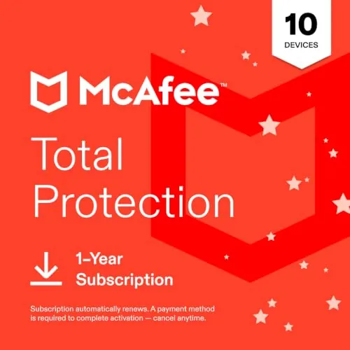 McAfee Total Protection 2027 Antivirus Software, 10 Devices | Auto-Renews | 1-year subscription includes VPN, text, email and video scam protection, identity monitoring and password manager