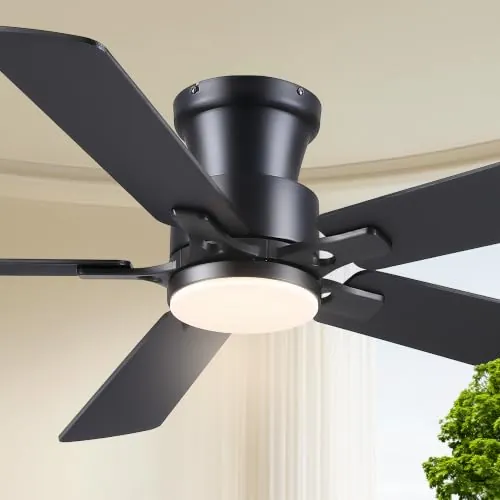 JSAITEE 52in Flush Mount Remote Control Ceiling Fans with Lights Low Profile, Black