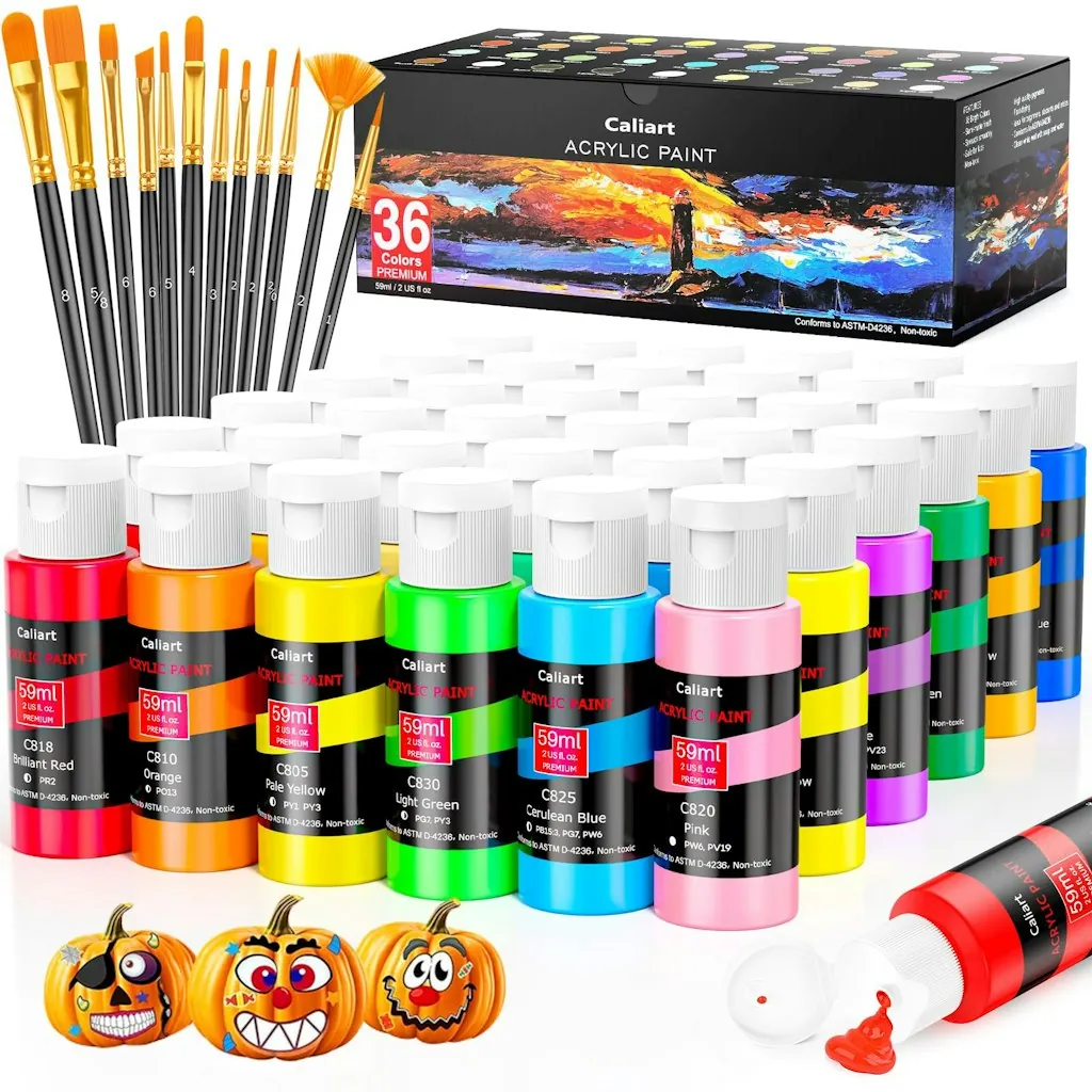 Caliart Acrylic Paint Set of 36 Colors w/ 12 Brushes
