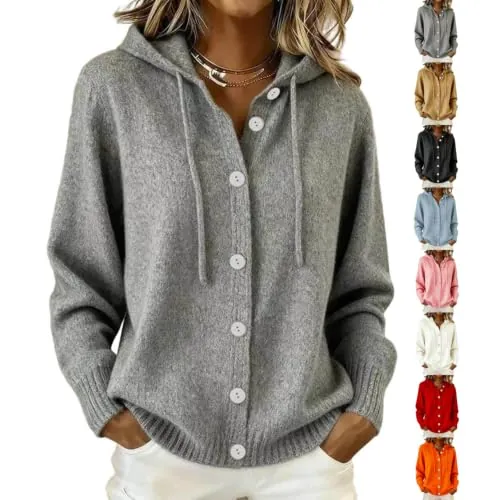 Hooded Cardigan Sweaters for Women Lightweight Button Up Cute Knit Hoodies