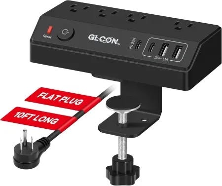 1050J 10' Glcon 20W USB-C Fast Charging Desk Clamp Power Strip w/ 4 AC Outlets