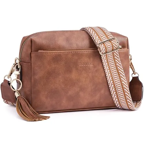 Roulens Triple Zip Small Crossbody Bag with Wide Shoulder Strap & Card Slots