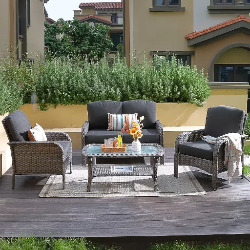 Ovios New Augtus 4-Piece Rattan Patio Conversation Set with Black Cushions