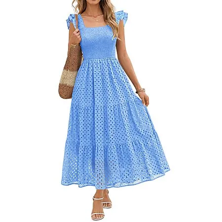 Lazysmile Women's Tiered A Line Smocked Summer Boho Maxi Dress w/ Pockets