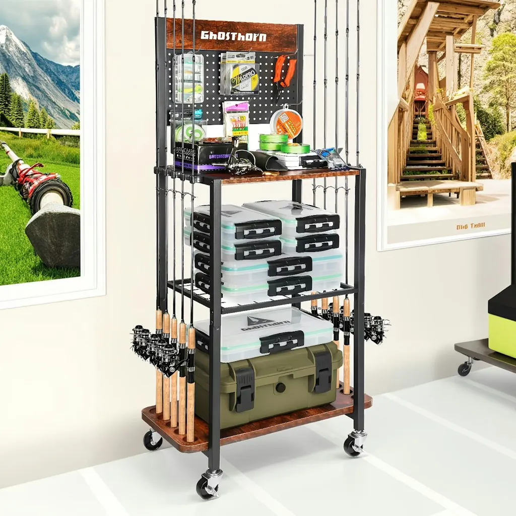 Fishing Rod Holder w/ Back Panel Storage Cabinet