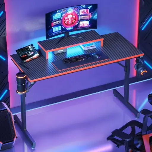 Bestier 42" Gaming PC Computer Desk w/ LED Lights, Monitor Stand & Cup Holder