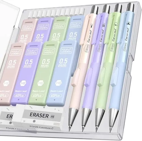 Four Candies 4-Count Mechanical Pencil Set w/ 480 HB Lead Refills, 2 Erasers & 12 Eraser Refills (0.5mm or 0.7mm)