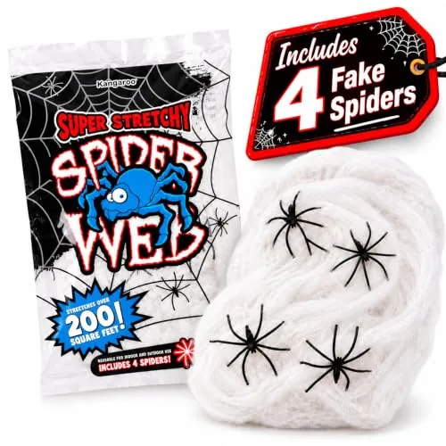 Kangaroo 200 sq. Ft Fake Spider Webs with 4 Fake Spiders for Decorations | Spiderweb Webbing Halloween Cobwebs Decor - Scary Halloween Decor Indoor Outdoor Party Wall, Graveyard Decoration Props