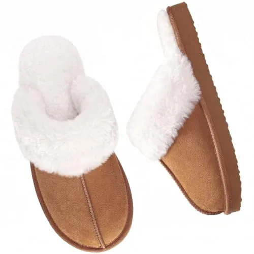 OOW Fuzzy Women Cozy Faux Fur Memory Foam Slippers