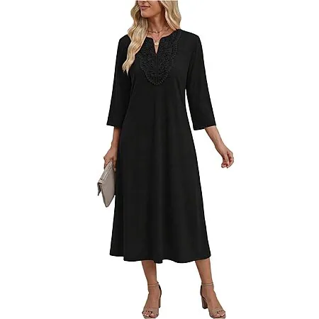 ZEAGOO Women's 3/4 Sleeve V Neck Lace Casual Midi Dress (2 Colors)