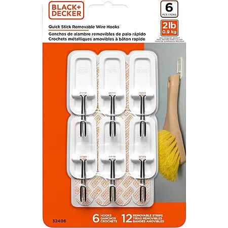 6-Pk BLACK+DECKER Quick Stick Removeable Wire Wall Hooks (Holds up to 2 lbs)