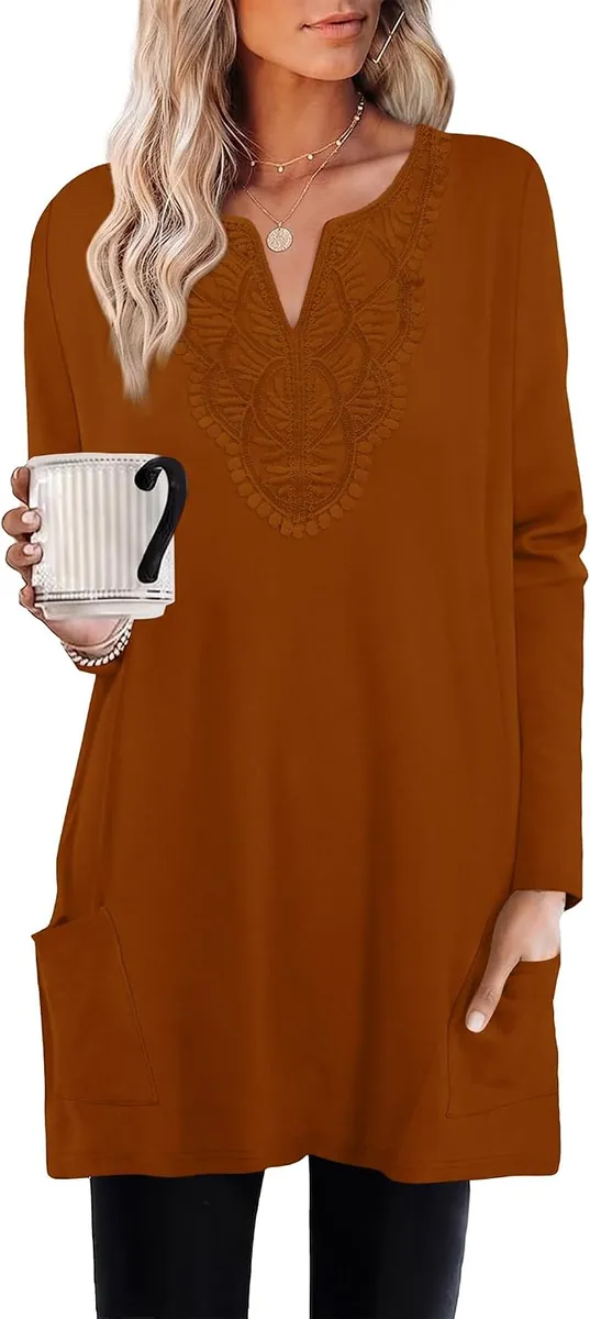 WIHOLL Women’s Boho Lace V Neck Long Sleeve Shirts