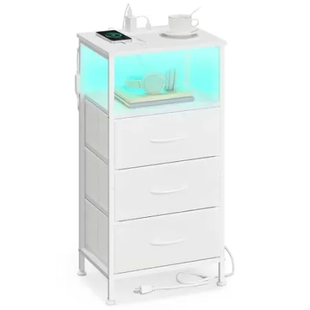 SONGMICS 3-Drawer Nightstand w/ LED Lighting, Charging Station