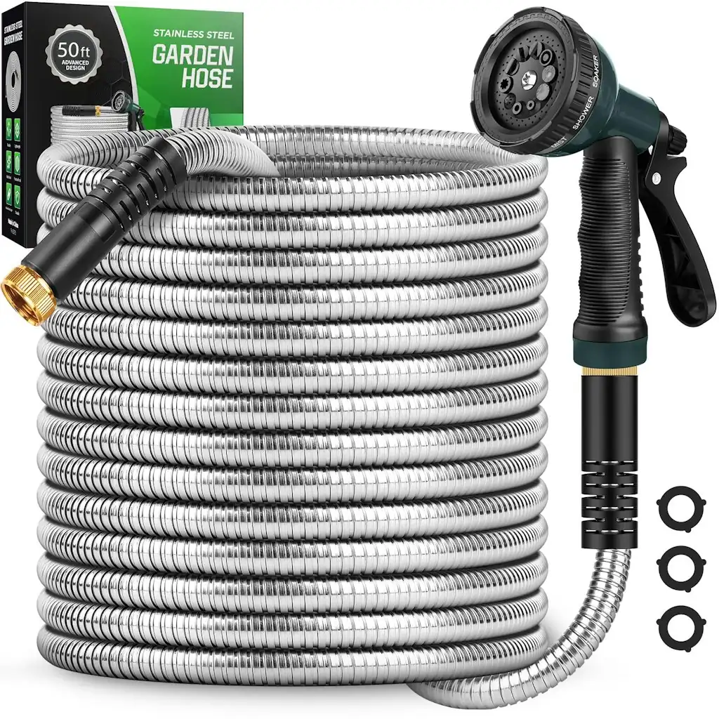 Amayrose 50-Foot Stainless Steel Garden Hose w/ 10-Function Nozzle