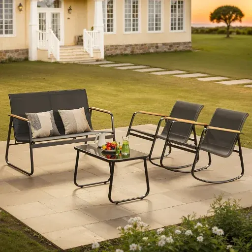 5-Pieces Outdoor Rocking Conversation Set with Loveseat, Wood Armrests and Coffee Table