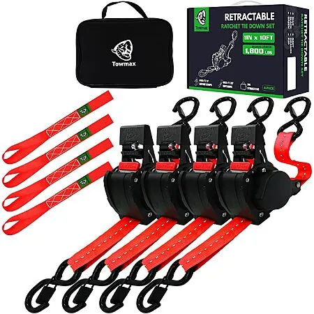 4-Pk Towmax Self Retracting Ratchet Straps Set (Red)