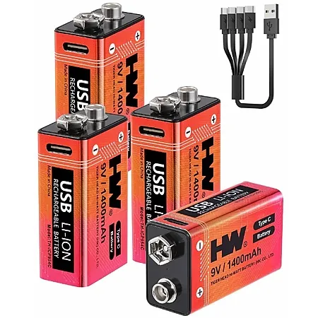 4-Pk HW 9V 1400mAh Rechargeable Lithium Batteries w/ USB-C Charging