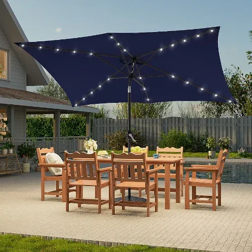 ACEGOSES 10-ft Steel Navy Push-button Tilt Market Patio Umbrella with Lights