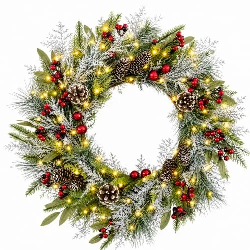 Christmas Wreath with Lights & Pinecone Berry