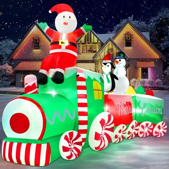 Yexmas 10.5ft Christmas Inflatable Train with Santa Snowman Penguin Dinosaur