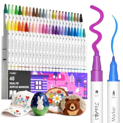 JusArt 48-Count Dual Tip Acrylic Paint Pen Markers (White Barrel)