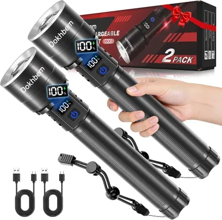2-Pack Dokhbem Rechargeable LED Flashlights w/ LCD Battery Display & 5 Modes