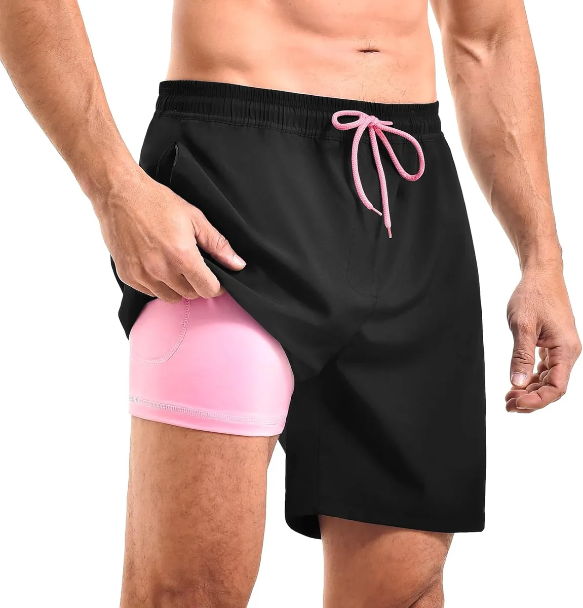 CADITEX Men’s Swim Trunks w/ Compression Liner in Black & Pink