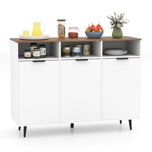 47" Sideboard Buffet Cabinet w/ 3 Doors & Adjustable Shelves (White & Natural)